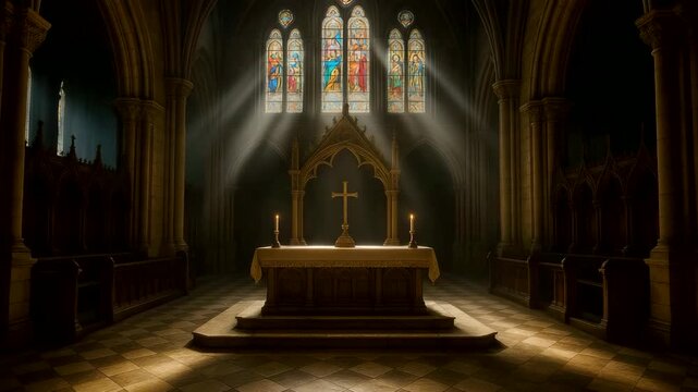 Stunning interior of a cathedral with stained glass windows, candles, and a central altar illuminated by soft sunlight.
