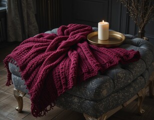 Cozy knitted burgundy throw blanket draped over a tufted ottoman with a lit candle, creating a warm and inviting atmosphere.