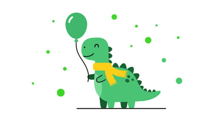 Naklejka premium Cheerful Dinosaur Holding Balloon, Fun Illustration, Green Character with a Yellow Scarf