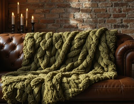 Cozy, chunky knit blanket draped over a vintage leather sofa, illuminated by warm candlelight.