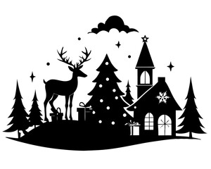 Christmas scene  simple   silhouette vector,Christmas scenery silhouette