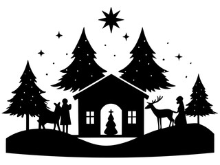 Christmas scene  simple   silhouette vector,Christmas scenery silhouette