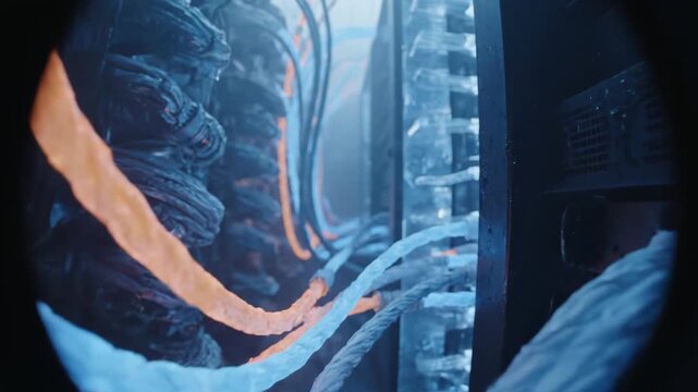 Server Racks Close Up Data Cables Fiber Optics Network Connection Technology Concept high quality professional