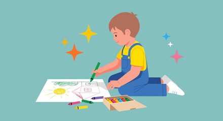 Child's Creative Illustration and Artistic Expression With Colorful Crayons in Progress