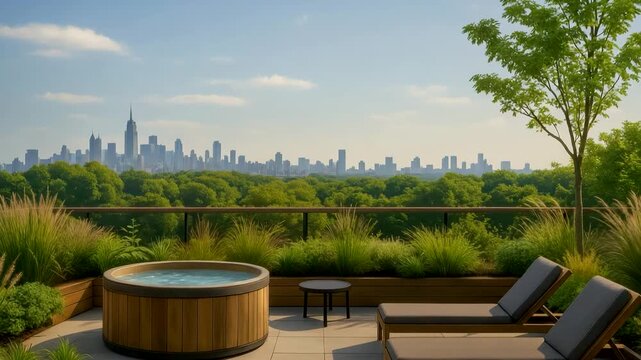 Rooftop terrace with a hot tub, lounge chairs, and a panoramic view of the city skyline surrounded by lush greenery on a sunny day.