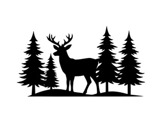 deer with pine trees and forest scenery  simple   silhouette vector