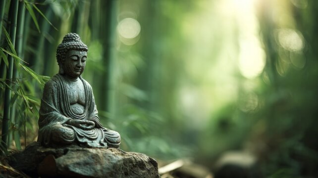 Serene buddha statue amidst lush bamboo grove. AI generated - Powered by Adobe