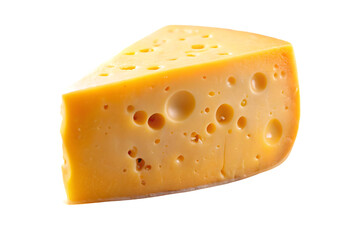 Swiss cheese wedge with characteristic holes, golden yellow color and smooth texture, isolated on a transparent background