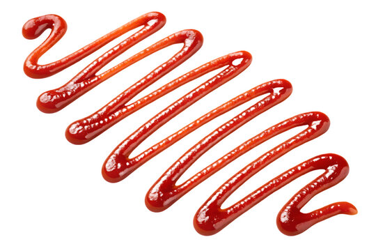 Red ketchup drizzled in zigzag pattern creating parallel wavy sauce lines, isolated on a transparent background