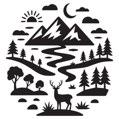 Silhouette illustration of a scenic mountain landscape with a deer at night