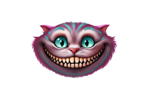 Cheshire Cat Illustration Grinning Feline Face whimsical character design digital art isolated on transparent background