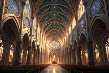 Obraz premium Grand gothic cathedral interior with stained glass windows and ornate architecture bathed in golden light