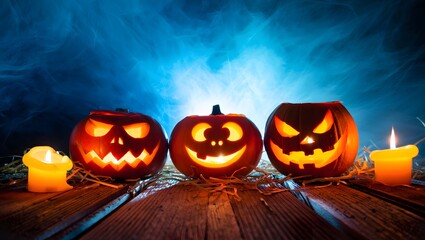 Obraz premium Three carved pumpkins glow in a spooky atmosphere, surrounded by straw and candles, creating a Halloween ambiance with misty blue hues.