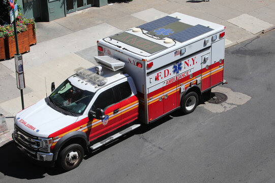 New York, NY, USA - August 25, 2025: 
medical rescue ambulance van parked on the road in Manhattan near a hospital