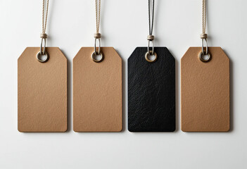 Four hanging gift tags one black and three brown for retail marketing and price labeling purposes