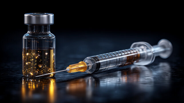 A vial filled with golden liquid and a syringe lying on a dark reflective surface in a studio shot