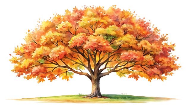Watercolor painting of an autumn tree with colorful leaves isolated on white background