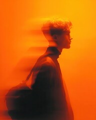 Dynamic Motion Blur Portrait of Young Man with Backpack on Vibrant Orange Background, Representing Urban Lifestyle, Travel, and Modernity
