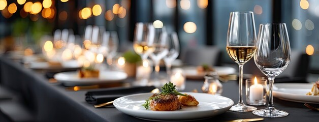 Elegant dining experience featuring beautifully plated gourmet dishes and fine wine in a softly lit restaurant setting during the evening