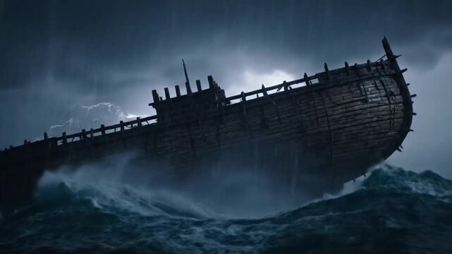 Ancient wooden vessel battling ferocious storm waves and torrential rain.