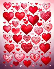 A vibrant display of many hearts in various shades of red and pink, with intricate patterns and a soft gradient background, creating a celebratory and romantic visual.