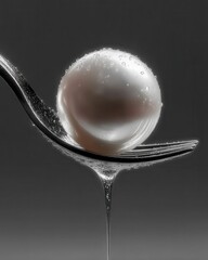 Pristine White Pearl with Dewdrops on Elegant Silver Fork – Symbolizing Purity, Luxury Cuisine, and Refreshing Beauty Concepts