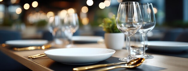 Elegant dining setup at modern restaurant with sparkling glasses and pristine plates before evening service