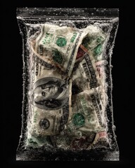 Vacuum-Sealed Bag Filled with Crumpled US Dollar Bills and Water Droplets, Symbolizing Financial Liquidity, Money Protection, or Economic Instability on a Stark Black Background