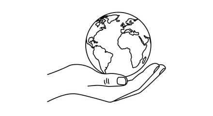 Vector illustration of hand holding a globe in a simple line art