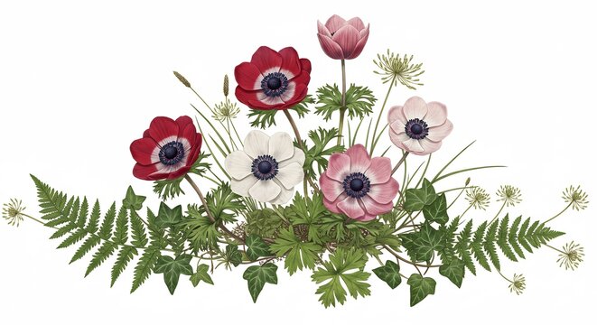 Anemoni delicati brillano luce morbida composizione floreale elegante. AI Generated