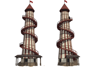 Two Identical Spiral Towers with Observation Decks isolated on transparent background