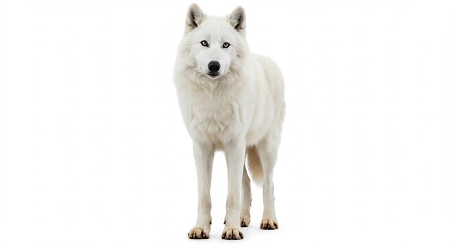Lupo artico sguardo intenso luce naturale sfondo bianco. AI Generated