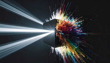 Abstract dark cube transforming white light into a vibrant explosion of colorful particles and energy, symbolizing data processing or creative output.