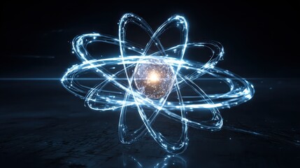 Atom Model with Glowing Orbitals and Nucleus on Dark Background.