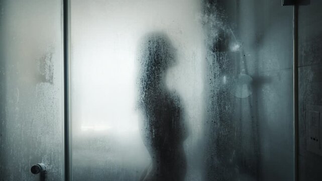 Unrecognizable young woman washing herself in the shower, seen through misted glass with water droplets. Cinematic view of a woman silhouette in a shower stall.