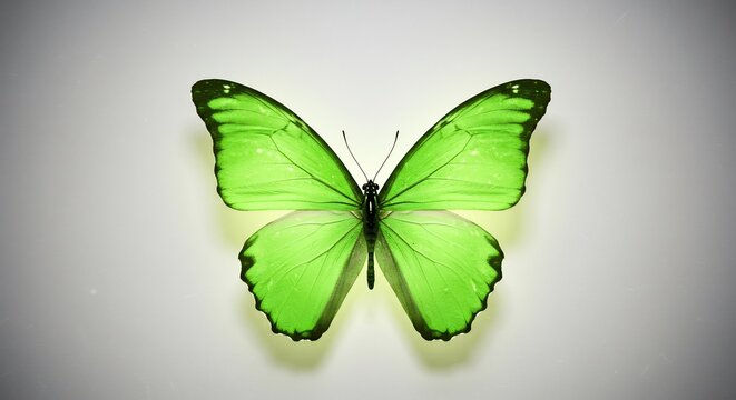 Farfalla verde brillante posa delicatamente luce soffusa sfondo neutro. AI Generated