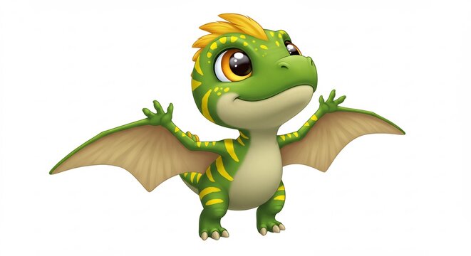 Drago verde tenero sguardo innocente ali spiegate luce morbida sfondo bianco. AI Generated