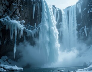 Majestic frozen waterfall with dramatic icicles cascading down rocky cliffs in serene winter landscape