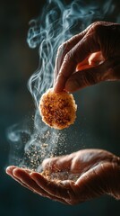 Cinematic Macro Studio Shot of Tense, Aged Hands Gently Holding a Warm, Steaming, Toasted Coconut Patty with Fine Grains of Sugar Falling, Evoking a Sense of Comfort, Baking