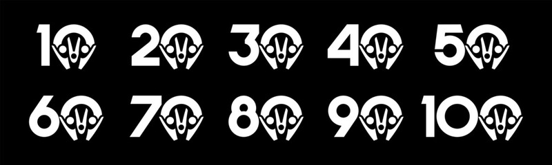 Set of collection numbers 1 to 10 with people element vector illustration. Teamwork element with numbers 10, 20, 30, 40, 50, 60, 70, 80, 90, 100 for greetings, anniversary and more.	