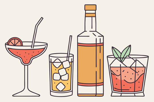 Alcohol drinks illustration set with cocktails, craft beers, whiskey, and shot glasses