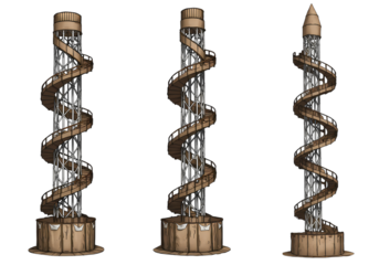 Three Dimensional Spiral Tower Models Architectural Renderings for Game Design or Construction Visualization isolated on transparent background