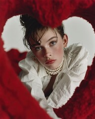 Expressive Woman with Pearls and Natural Makeup Peering Through a Red Heart Frame, Evoking Love, Beauty, and Intimacy for Valentine's Day Concepts