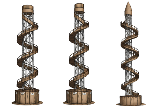 Three Dimensional Spiral Tower Models Architectural Renderings for Game Design or Construction Visualization isolated on transparent background - Powered by Adobe