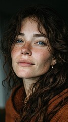 Authentic Portrait of a Woman with Freckles and Piercing Blue Eyes, Natural Beauty with Brown Hair, Engaging Gaze, Ideal for Lifestyle Editorial and Diversity Campaigns