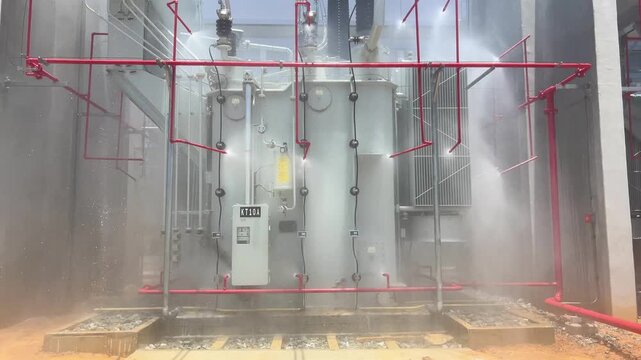 Industrial transformer fire protection spray substation, heavy water cooling and safety system action with red piping network, outdoor yard metal structure equipment misty scene powerful emergency