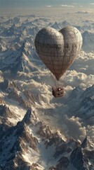 Ornate Heart-Shaped Hot Air Balloon with Detailed Basket Soaring Above Snowy Mountain Peaks and Fluffy Clouds – Epic Adventure Scenery