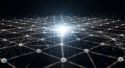 Fototapeta premium Abstract digital network with glowing central light and interconnected nodes representing data flow and advanced technology concepts.