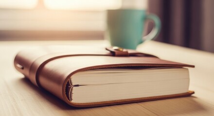 Naklejka premium A Leather Bound Journal Sits On A Wooden Desk Next To A Mug