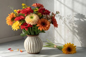 Vibrant autumn flower arrangement in a textured vase with sunlight